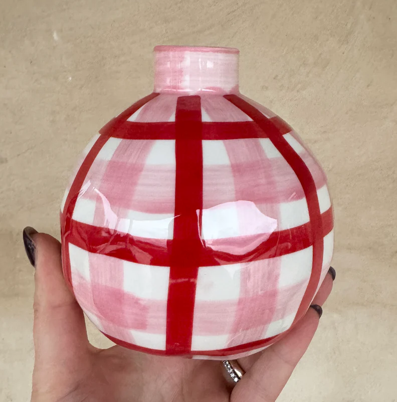 Round Bud Vase Pink & Red Gingham