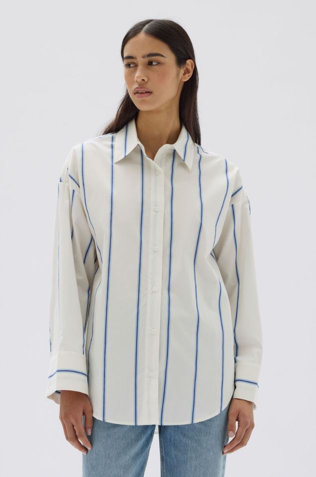 Addie Poplin Stripe Long Sleeve Shirt White/Ultramarine