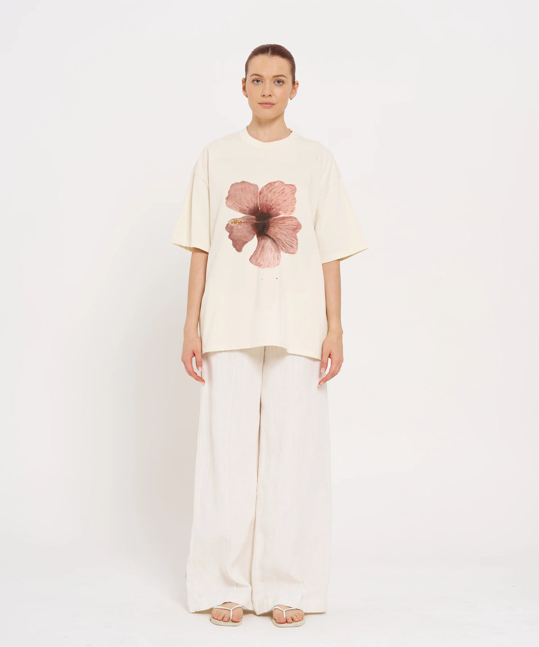 Burgundy Hibiscus Oversize Tee Ivory