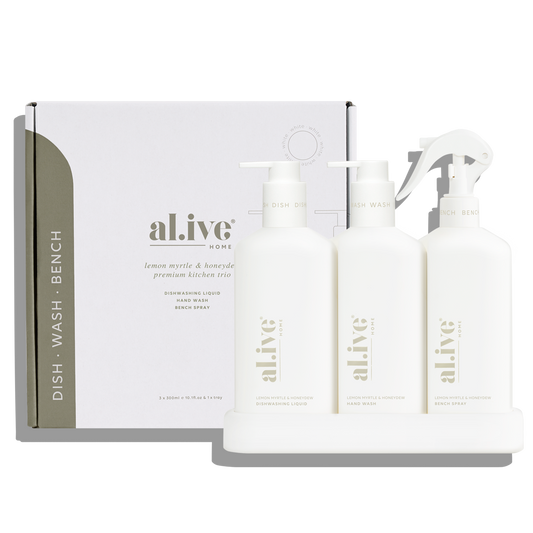 AL.IVE - Dishwashing Liquid, Hand Wash, Bench Spray + Tray Trio, Lemon Myrtle & Honeydew