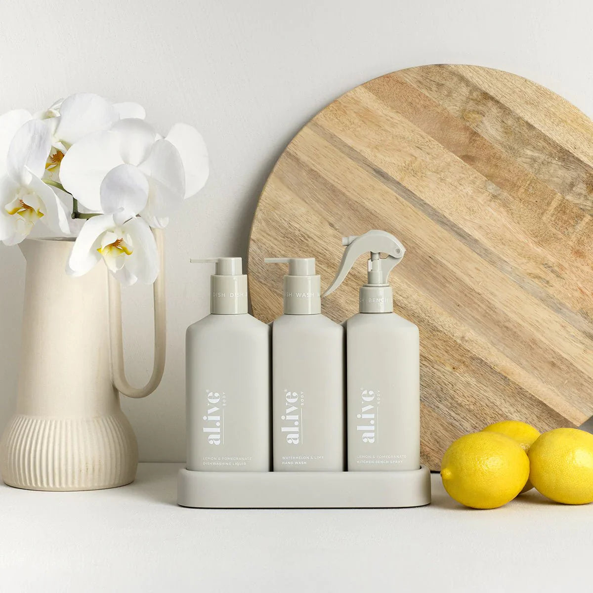 AL.IVE - Dishwashing Liquid, Hand Wash, Bench Spray + Tray Kitchen Trio, Lemon & Pomegranate