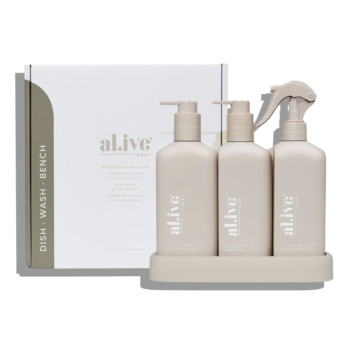 AL.IVE - Dishwashing Liquid, Hand Wash, Bench Spray + Tray Kitchen Trio, Lemon & Pomegranate